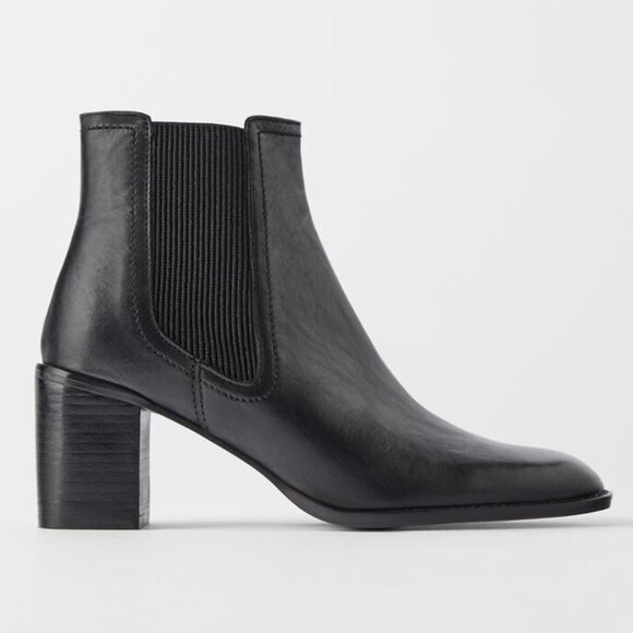 NEW ZARA BLACK LEATHER HEELED ANKLE CHELSEA BOOTS - Picture 1 of 4